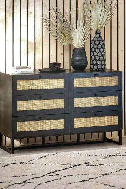 Julian Bowen Padstow Rattan 6 Drawer Wide Chest in Black - image 1