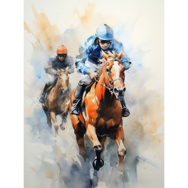 Artery8 Wall Art Print Horseracing Jockeys Racing Horses Action Watercolour Kentucky Derby Grand National Cheltenham Gold Cup Painting Blue Orange - image 1