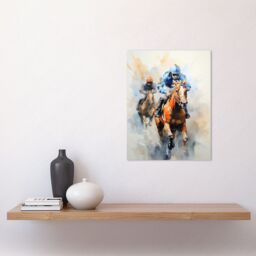 Artery8 Wall Art Print Horseracing Jockeys Racing Horses Action Watercolour Kentucky Derby Grand National Cheltenham Gold Cup Painting Blue Orange - thumbnail 2