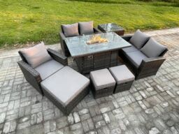 Fimous 8 Seater Rattan Outdoor Garden Furniture Gas Fire Pit Table Sets Gas Heater with Love Sofa Armchair 3 Footstools Side Table in Dark Grey - thumbnail 2