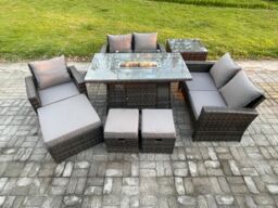 Fimous 8 Seater Rattan Outdoor Garden Furniture Gas Fire Pit Table Sets Gas Heater with Love Sofa Armchair 3 Footstools Side Table in Dark Grey - thumbnail 1