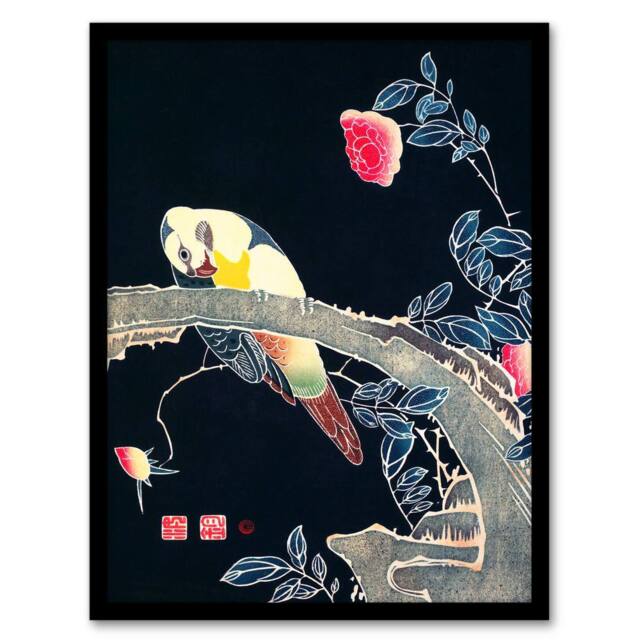Artery8 Ito Jakuchu Framed Wall Art Print Parrot on Rose Flower Bush Japan - Size: A4 - image 1