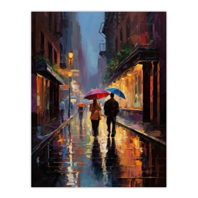 Artery8 Wall Art Print Rainy Romance Colourful Oil Painting Couple Talking A Romantic Walk With Umbrellas On A Rainy Night Bedroom Art Poster - image 1