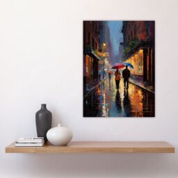 Artery8 Wall Art Print Rainy Romance Colourful Oil Painting Couple Talking A Romantic Walk With Umbrellas On A Rainy Night Bedroom Art Poster - thumbnail 4