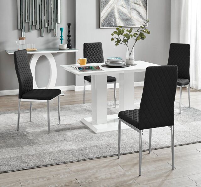 FurnitureboxUK Imperia 4 Seater Modern White High Gloss Rectangular Dining Table & 4 Milan Faux Leather Chairs in Black - image 1