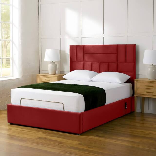 PARADISE BEDS LTD Electric Adjustable Panel Mobility Bed with Headboard & Mattress in Dark Red - Size: Small Double - image 1