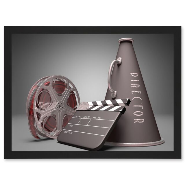 Artery8 Film Director Equipment Clapperboard Reel Megaphone A4 Artwork Framed Wall Art Print in Black - image 1