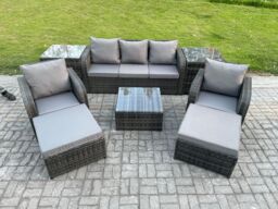 Fimous Patio Garden Furniture Sets Wicker 7 Seater Outdoor Rattan Furniture Sofa Sets with Square Coffee Table 2 Side Tables in Dark Grey - thumbnail 1