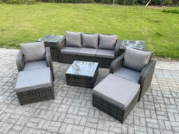Fimous Patio Garden Furniture Sets Wicker 7 Seater Outdoor Rattan Furniture Sofa Sets with Square Coffee Table 2 Side Tables in Dark Grey - thumbnail 2