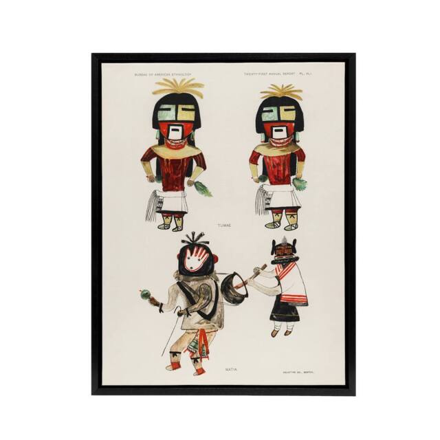 "Artery8 Hopi Kachinas Hopi Native Vintage Black Framed Canvas Wall Art in White - Size: W12"" x H16""" - image 1