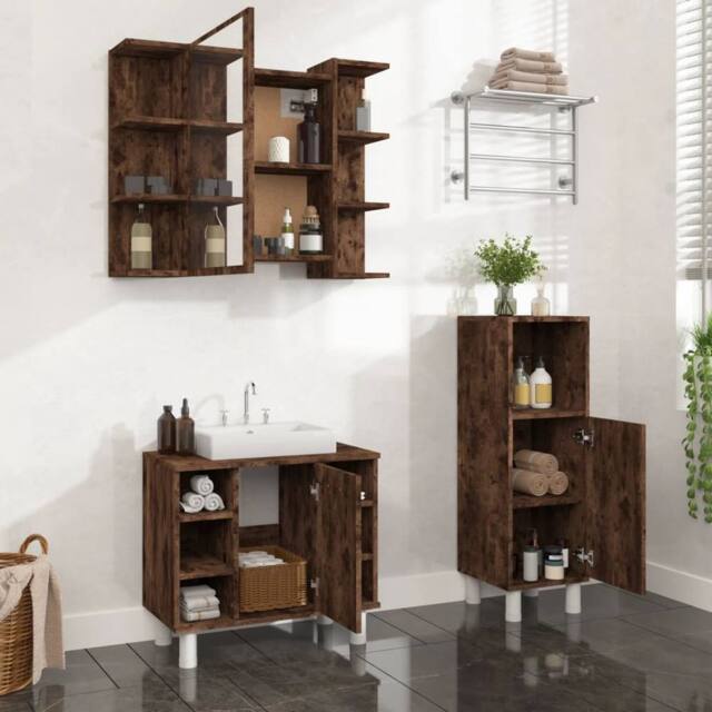 Berkfield Home 3 Piece Bathroom Cabinet Set Smoked Oak Engineered Wood in Brown - image 1