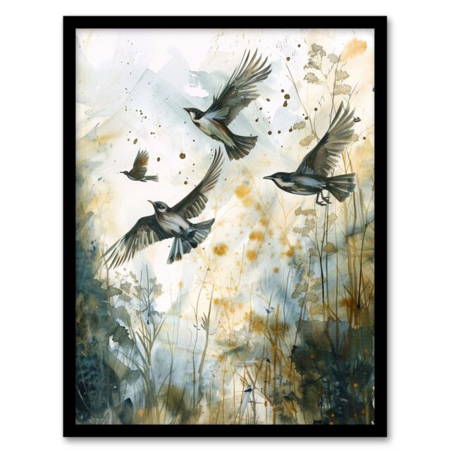 Artery8 Birds in Flight Autumn Watercolour Painting Framed Art Print in Green - Size: A4 - image 1