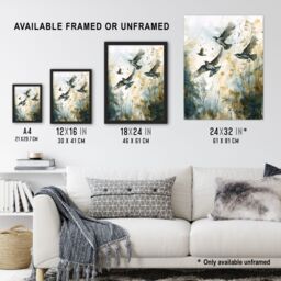 Artery8 Birds in Flight Autumn Watercolour Painting Framed Art Print in Green - Size: A4 - thumbnail 3