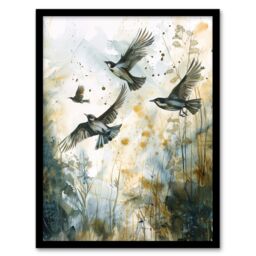 Artery8 Birds in Flight Autumn Watercolour Painting Framed Art Print in Green - Size: A4 - thumbnail 1