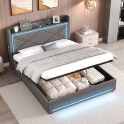 BTM Double Bed with Hydraulic Storage, LED Lighting & Charging in Grey - thumbnail 2