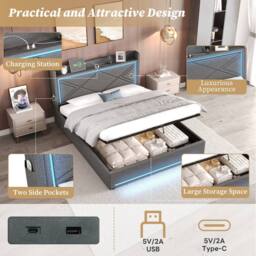 BTM Double Bed with Hydraulic Storage, LED Lighting & Charging in Grey - thumbnail 5