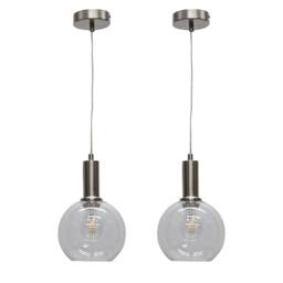 First Choice Lighting Set of 2 Barnum - Clear Glass Globe Satin Nickel Deco Pendant Fittings - thumbnail 1