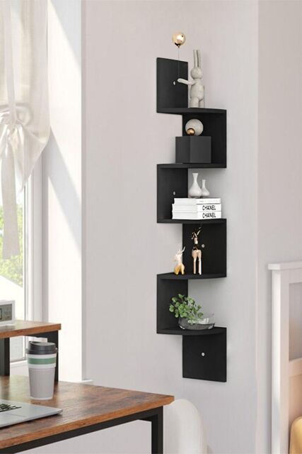 H&O Direct Wooden Zigzag Floating Corner Shelves in Black - Size: Medium - image 1
