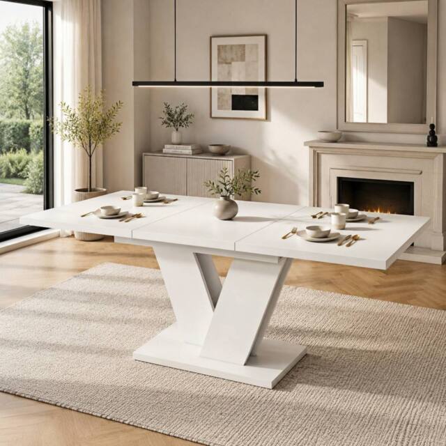 Merax 4 To 8 Seater Extendable Dining Table with V Shaped Metal Legs in White - image 1