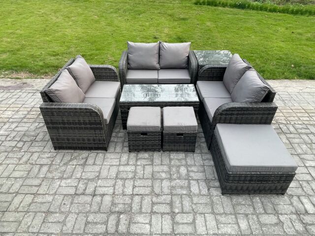 Fimous Outdoor Garden Furniture Sets 8 Pieces Wicker Rattan Furniture Sofa Sets with Coffee Table Love seat Sofa 3 Footstools Side Table in Dark Grey - image 1
