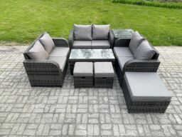 Fimous Outdoor Garden Furniture Sets 8 Pieces Wicker Rattan Furniture Sofa Sets with Coffee Table Love seat Sofa 3 Footstools Side Table in Dark Grey - thumbnail 2