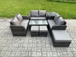 Fimous Outdoor Garden Furniture Sets 8 Pieces Wicker Rattan Furniture Sofa Sets with Coffee Table Love seat Sofa 3 Footstools Side Table in Dark Grey - thumbnail 1