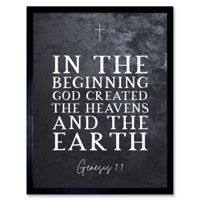 Artery8 Wall Art Print Genesis 1:1 In The Beginning GOD created the Heavens & the Earth Christian Bible Verse Quote Scripture Typography Art Framed - image 1