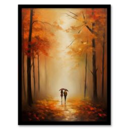Artery8 Wall Art Print Lovers Walk Landscape Oil Painting Romantic Stroll In An Autumn Forest Amber Trees On A Serene Path Bedroom Art Framed - thumbnail 1