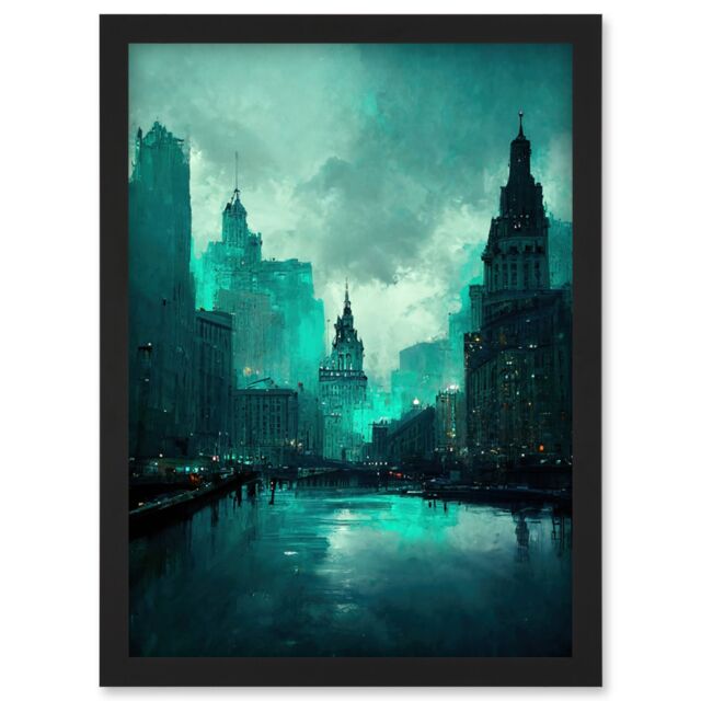 Artery8 Winter Teal New York Hudson River Cityscape Artwork Framed Wall Art Print A4 in Black - image 1