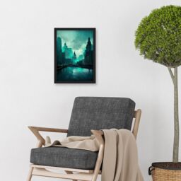 Artery8 Winter Teal New York Hudson River Cityscape Artwork Framed Wall Art Print A4 in Black - thumbnail 2