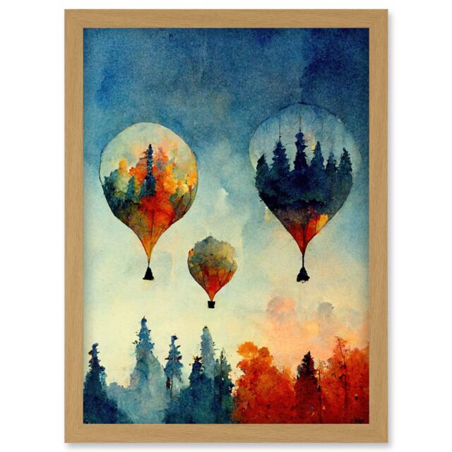 Artery8 Forest Reflections On Hot Air Balloons Watercolour Artwork Framed Wall Art Print A4 in Light Oak - image 1