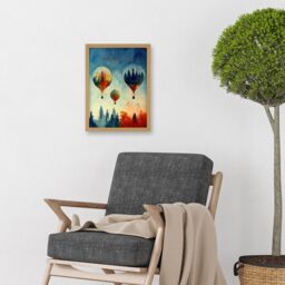 Artery8 Forest Reflections On Hot Air Balloons Watercolour Artwork Framed Wall Art Print A4 in Light Oak - thumbnail 2