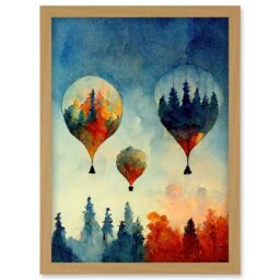 Artery8 Forest Reflections On Hot Air Balloons Watercolour Artwork Framed Wall Art Print A4 in Light Oak - thumbnail 1