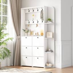 BTM Coat Rack Shoe Storage Cabinet Flip Drawers Entryway Organizer in White - thumbnail 2