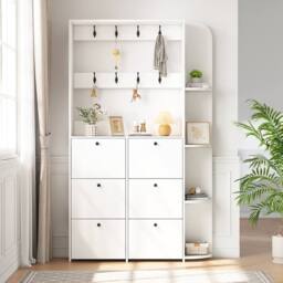 BTM Coat Rack Shoe Storage Cabinet Flip Drawers Entryway Organizer in White - thumbnail 5