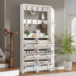 BTM Coat Rack Shoe Storage Cabinet Flip Drawers Entryway Organizer in White