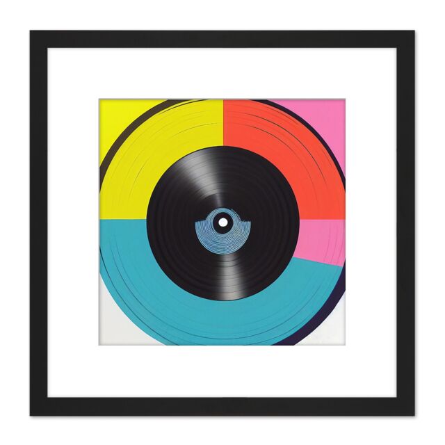Artery8 Abstract Retro Pop Art Vinyl Record Sixties Colourful Yellow Red Pink Blue Painting Square Wooden Framed Wall Art Print Picture 8X8 Inch - image 1