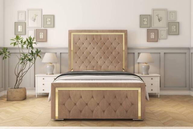 "Sloomy Sofia Gold Naples Bed Frame With 50"" Upholstered Headboard in Light Brown - Size: Double" - image 1
