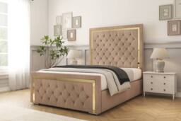 "Sloomy Sofia Gold Naples Bed Frame With 50"" Upholstered Headboard in Light Brown - Size: Double" - thumbnail 2
