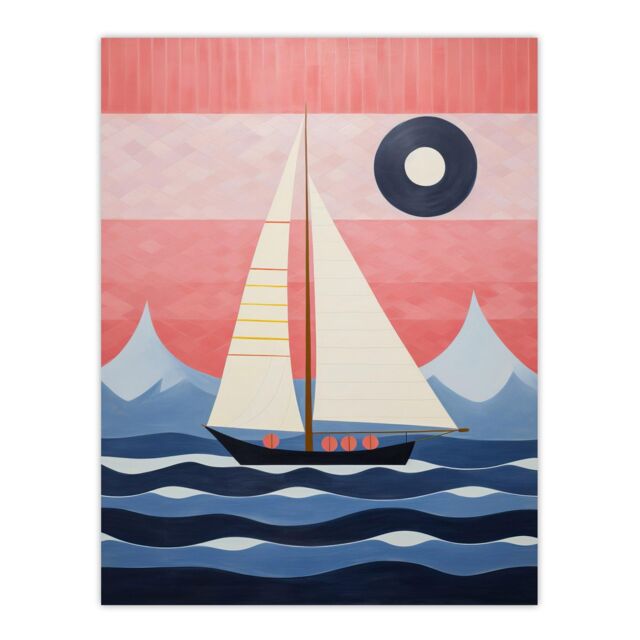 "Wee Blue Coo Wall Art Print Setting Sail Sailboat in Mountain Coastal Landscape Geometric Coral Pink Blue Oil Painting Poster - Size: W18"" x H24""" - image 1