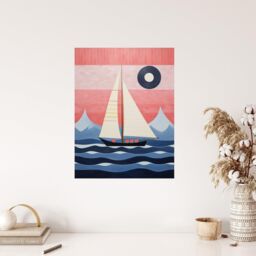 "Wee Blue Coo Wall Art Print Setting Sail Sailboat in Mountain Coastal Landscape Geometric Coral Pink Blue Oil Painting Poster - Size: W18"" x H24""" - thumbnail 4