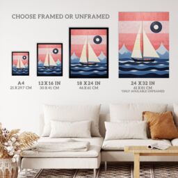 "Wee Blue Coo Wall Art Print Setting Sail Sailboat in Mountain Coastal Landscape Geometric Coral Pink Blue Oil Painting Poster - Size: W18"" x H24""" - thumbnail 3