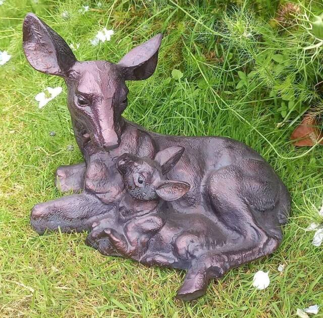 Inspirational Gifting Doe & Baby Fawn Laying Deer Garden Ornament Sculpture Hand Crafted Aluminium in Bronze - image 1
