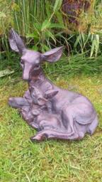 Inspirational Gifting Doe & Baby Fawn Laying Deer Garden Ornament Sculpture Hand Crafted Aluminium in Bronze - thumbnail 2