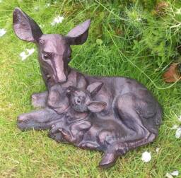 Inspirational Gifting Doe & Baby Fawn Laying Deer Garden Ornament Sculpture Hand Crafted Aluminium in Bronze - thumbnail 1