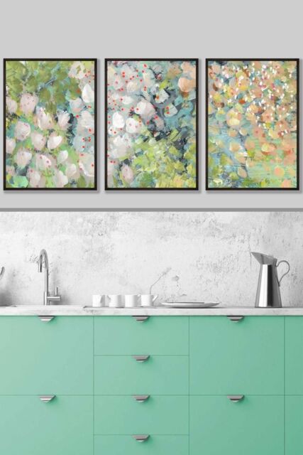 ARTZE Set of 3 Black Framed Abstract Cottage Garden Flowers in Green Wall Art - Size: W33 cm x H45 cm x D20mm - image 1