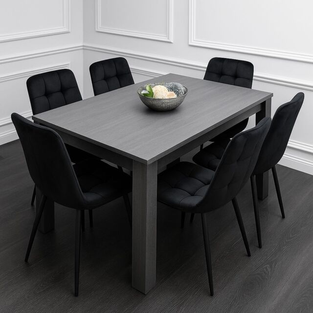 KOSY KOALA Dining Table & 6 Chairs Black Dark Grey 6 Black Velvet Chairs Wood Dining Set Furniture in Brown - image 1