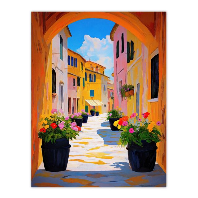 "Artery8 Bari Italy Alleyway Vibrant Summer Cityscape Wall Art Print in Orange - Size: W12"" x H16""" - image 1