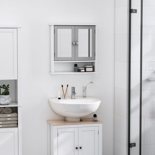 Kleankin Wall Mounted Mirror Cabinet W/ Double Mirror Doors & Adjustable Shelf in Grey - image 1