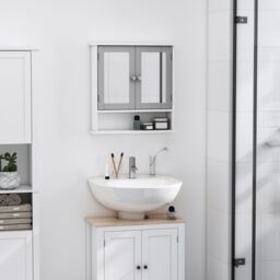 Kleankin Wall Mounted Mirror Cabinet W/ Double Mirror Doors & Adjustable Shelf in Grey - thumbnail 1